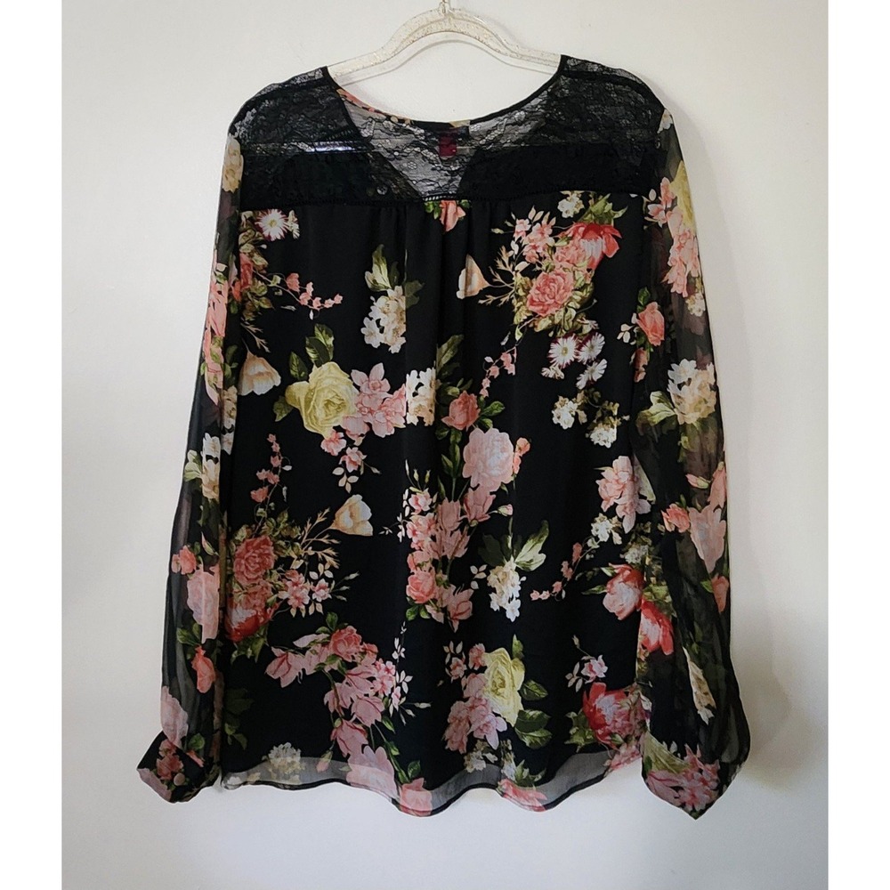 Moody Floral Top Black Lace Detail Sheer Sleeves Whimsigoth Fairy Grunge Large
